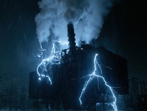 Industrial factory building under a dark stormy sky with heavy rain and intense lightning strikes hitting the structure, creating a dramatic and powerful atmosphere of energy