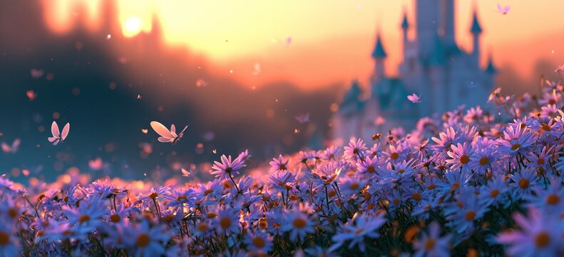 Sunset light bathes daisy meadow cradling tiny ivory castle, translucent fairy wings drifting, high-key dreamy serenity, pastel glow