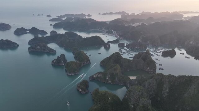 Aerial view of the natural scenery of the karst peak forest in Ha Long Bay, Vietnam