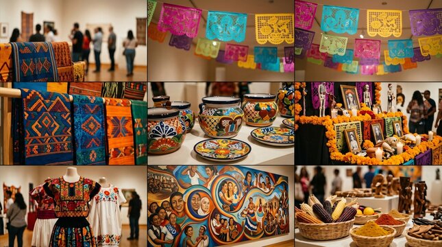 Exposici&oacute;n cultural del Mes de la Herencia Hispana con textiles tradicionales, altar de muertos, murales y artesan&iacute;as mexicanas en museo.