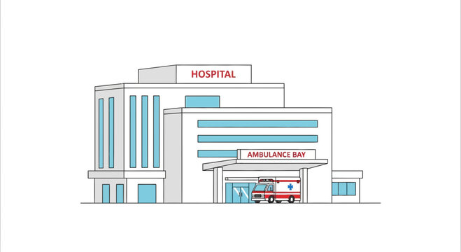 Modern Hospital Building with Ambulance Bay and Emergency Vehicle
