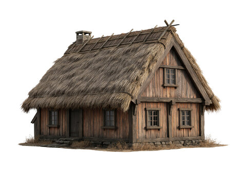 Old rustic wooden cottage with thatched roof isolated on white background