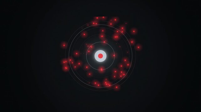 Abstract animated fireflies drifting in a soft halo drawn as coral and magenta lines and shapes on a deep dark background. Seamless looping 4K motion graphics video with free space for text, ideal for