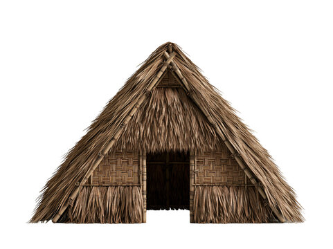 Traditional thatched hut with bamboo walls isolated on white background