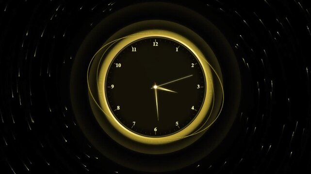 Golden clock with moving hands surrounded by rotating light particles on dark background