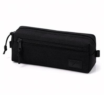Black fabric pencil case with zipper and brand label