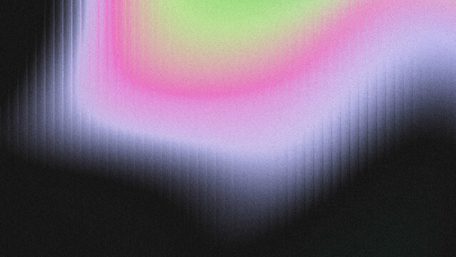 Abstract grainy noise texture background with vertical light streaks. Soft glowing gradient of pink, lime green, and lavender purple radiates over a deep black base.