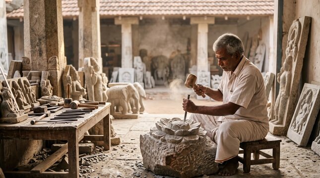 Elderly Indian artisan meticulously carves stone sculpture in traditional workshop