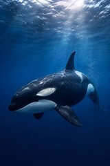 Fototapeta premium Orca whale swimming underwater through deep blue ocean with sunlight