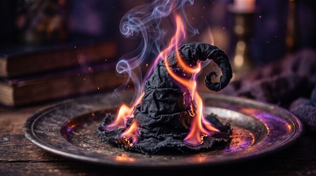 A mystical black witch hat on fire with magical purple flames and rising smoke on a metal plate