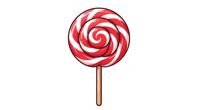 Red and white swirl lollipop on wooden stick, sweet peppermint candy illustration, round spiral sugar sucker on white background