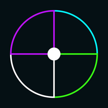 Minimalist neon circular geometric chart with purple cyan green and white quadrants on black backdrop illustration