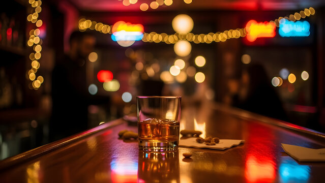Glass of whiskey on dark wooden bar counter with warm glowing bokeh lights background