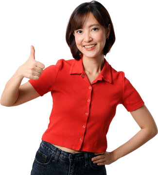 Happy smiling Asian woman giving thumb up gesture dressed in casual red polo shirt standing isolated on plain transparency background