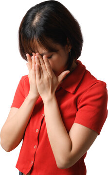 Stressed sad asian woman crying feeling depressed covering face isolated against transparent background with grief emotion