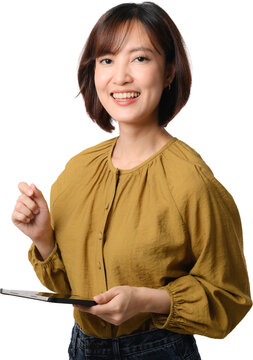 Happy Asian woman holding tablet computer and smiling cheerfully while standing isolated against transparency background for business