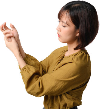Unhappy asian woman suffering from painful wrist ache and joint stiffness while holding hand isolated on transparent background