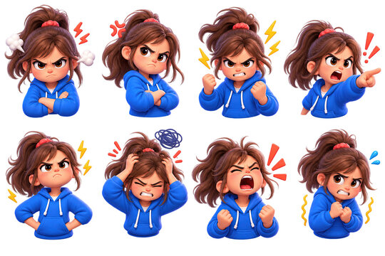 Cute cartoon girl expressing various angry emotions and frustration