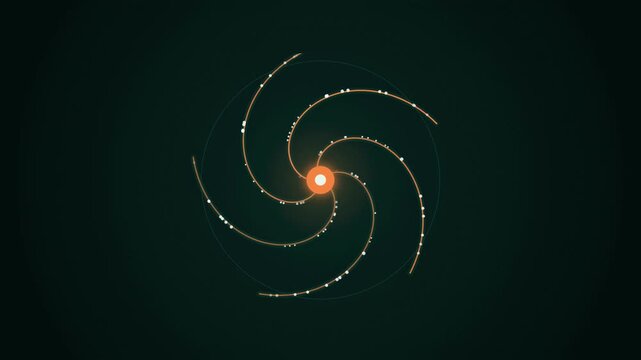 Abstract animated spiral arms winding around a vortex drawn as amber and orange lines and shapes on a deep dark background. Seamless looping 4K motion graphics video with free space for text, ideal fo