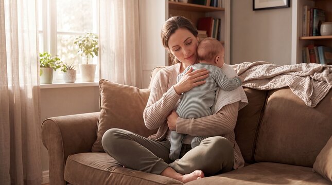 mother newborn burping postpartum parenting baby caregiving comfort sofa home holding her infant upright against her shoulder in a calm living space for feeding routine and maternal care campaigns