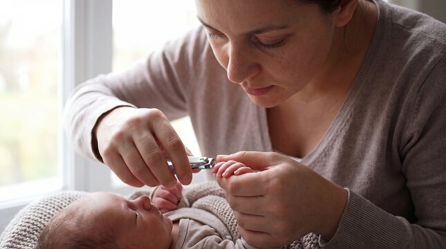 mother newborn nails grooming postpartum parenting baby caregiving hygiene closeup carefully trimming her infant fingernails with clippers for safe daily care and practical early parenting guidance