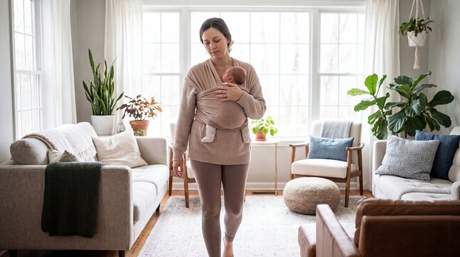 mother newborn carrier wrap postpartum parenting infant bonding home walking carrying her sleeping baby securely against her chest in a living space for hands free caregiving and attachment themes