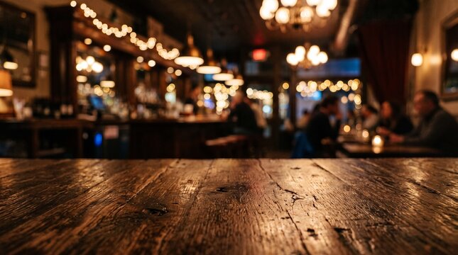 Rustic wooden table top with blurred pub and restaurant background interior lights