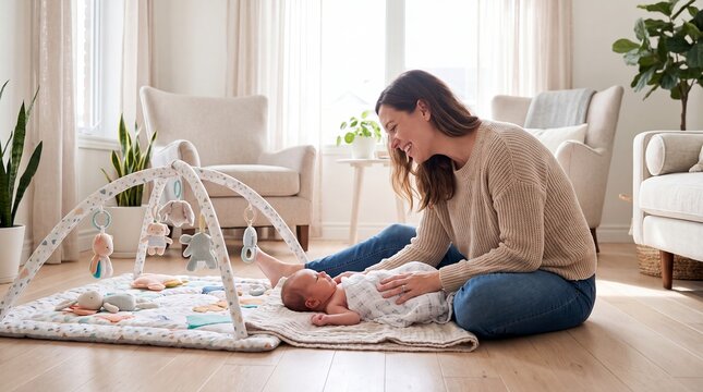 mother newborn talking bonding playmat development motherhood baby parenting home smiles and speaks to her alert infant beneath a play gym for early communication attachment and family content
