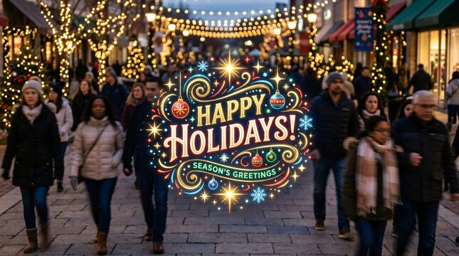 Letrero brillante de Happy Holidays en concurrida calle peatonal con luces navide&ntilde;as y personas haciendo compras de temporada.