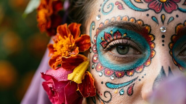 Rostro con maquillaje tradicional de Catrina y flores de cempas&uacute;chil, celebraci&oacute;n del D&iacute;a de los Muertos y la herencia hispana.