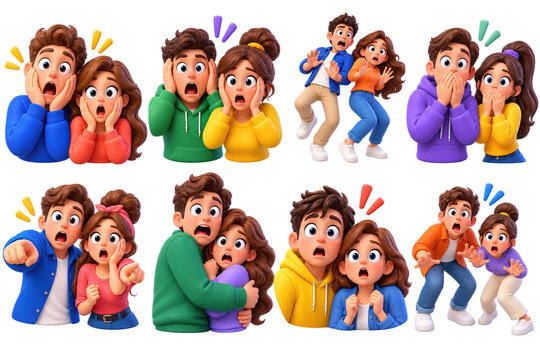 Shocked young couple expressing surprise and fear in various poses