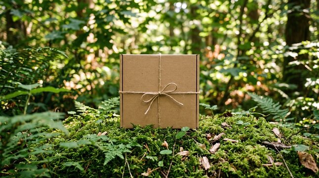 Cardboard box on moss in a green forest