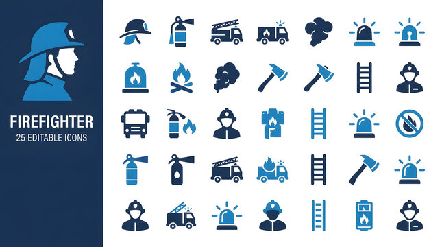 Set of firefighter and emergency service icons for fire safety and rescue operations.