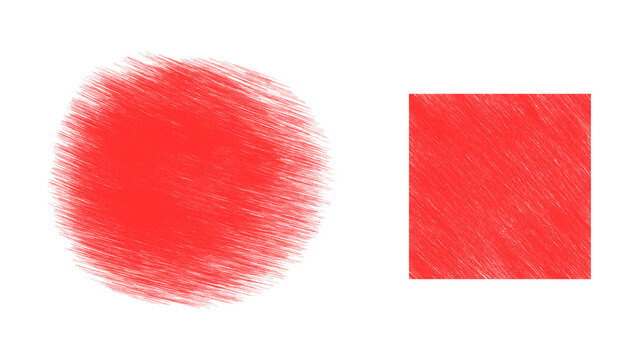 Red textured geometric shapes circle and square isolated on transparent background for creative graphic design projects, vector illustration element with sketchy hatching style.