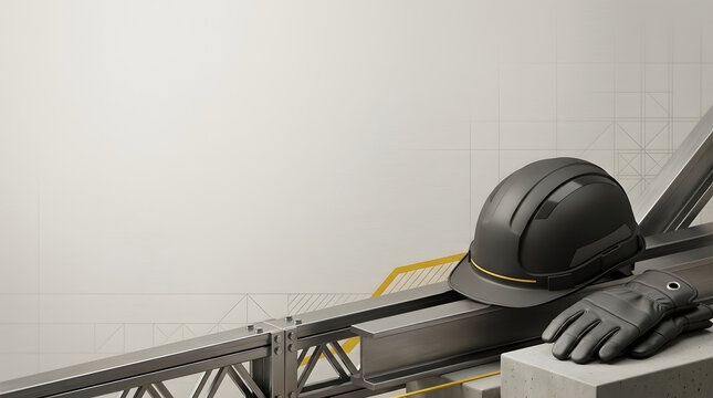 Professional construction safety gear with black hard hat and gloves on steel beam