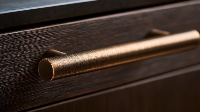 Close up of a modern bronze cabinet drawer handle on a dark wooden cupboard.