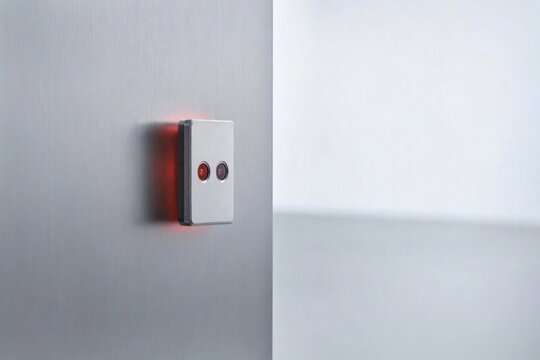 Modern security card reader with red warning led light on brushed metal wall surface