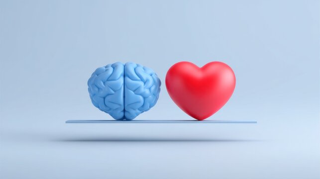 Blue Brain and Red Heart on a Balance, Symbolizing the Conflict Between Logic and Emotions in Decision-Making