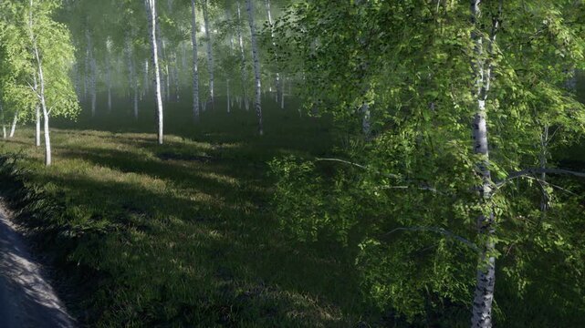 Sunlight shines through the leaves of trees by a dirt path in a forest. The ground is covered with grass and small patches of dirt. It is early morning with soft light.
