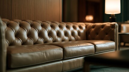 Obraz premium Elegant Vintage Brown Leather Chesterfield Sofa in Dimly Lit Luxury Interior.