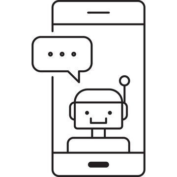 A minimalist line icon depicting a friendly AI chatbot assistant on a smartphone screen with a speech bubble, representing automated customer support and mobile communication.