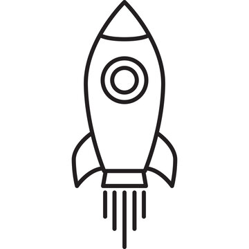 A simple line art illustration of a rocket ship launching, representing startup, growth, and space exploration.