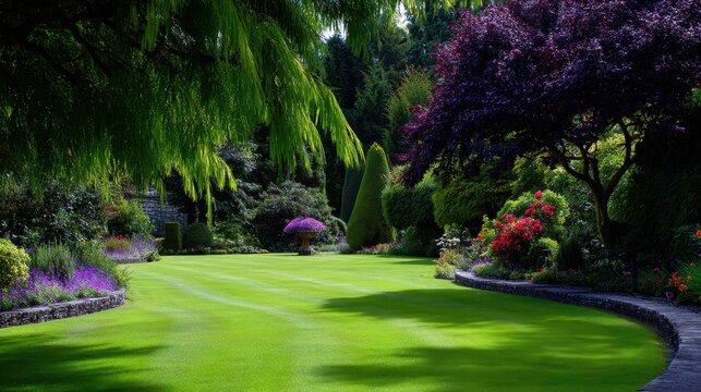 Lush Green Garden Landscape with Vibrant Flowers and Trees in a Serene Environment Perfect for Relaxation and Reflection