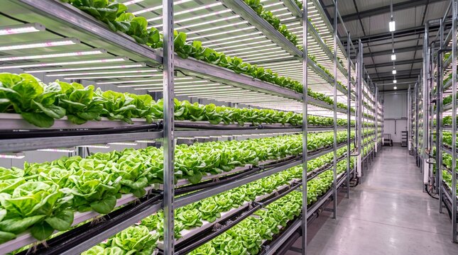 Vertical hydroponic racks of lettuce under pink grow lights