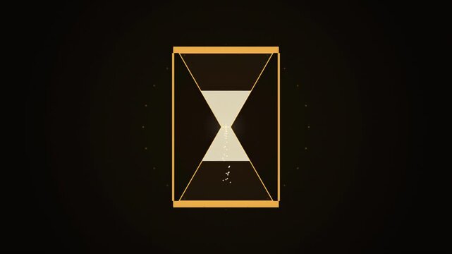 Abstract animated sand running through an hourglass drawn as amber and orange lines and shapes on a deep dark background. Seamless looping 4K motion graphics video with free space for text, ideal for 