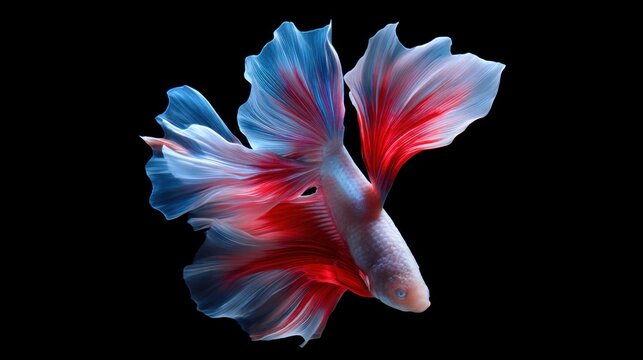 Beautiful Colorful Betta Fish with Flowing Fins and Vibrant Red and Blue Shades Against a Dark Background