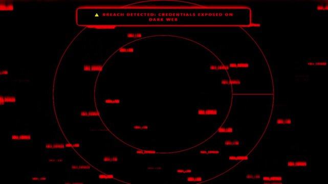 Red cyber security breach alert animation with credentials exposed warning and futuristic HUD interface against a dark background motion graphic loop