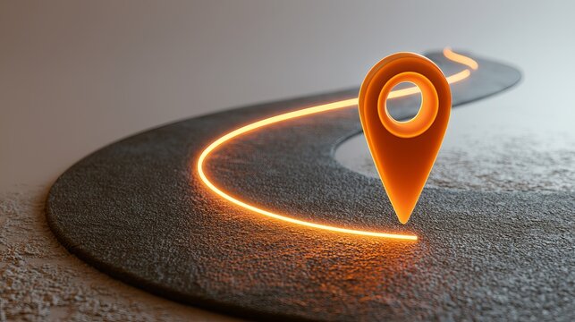 Glowing orange location marker traces a path on a dark gray road surface, representing navigation and route planning for digital mapping applications