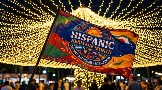 Bandera del Mes de la Herencia Hispana ondeando en festival nocturno iluminado con luces decorativas y multitud reunida.