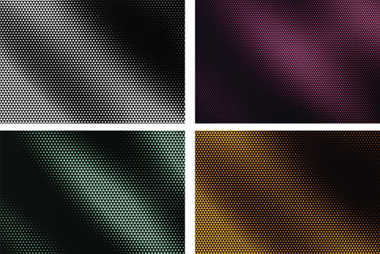 Four quadrants of geometric halftone patterns with varying triangle densities in white, pink, green, orange